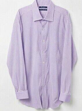 Saks Fifth Avenue Mens Classic Fit Purple Blue Checked Dress Shirt Spread Collar